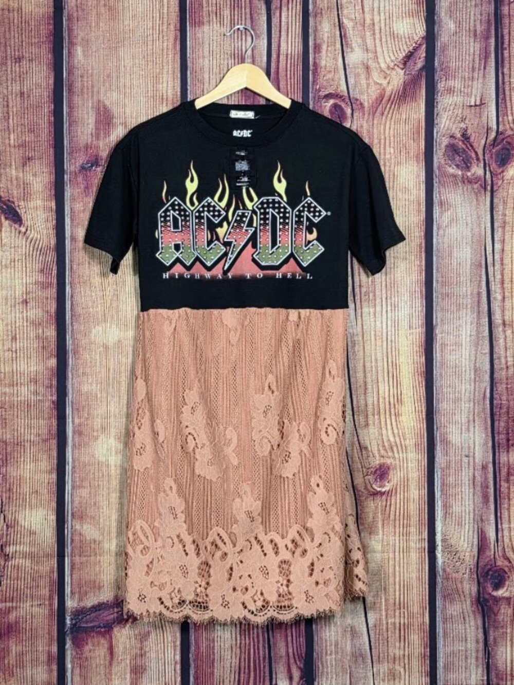 Upcycled AC/DC Highway to Hell Lace Tee Dress XS S
